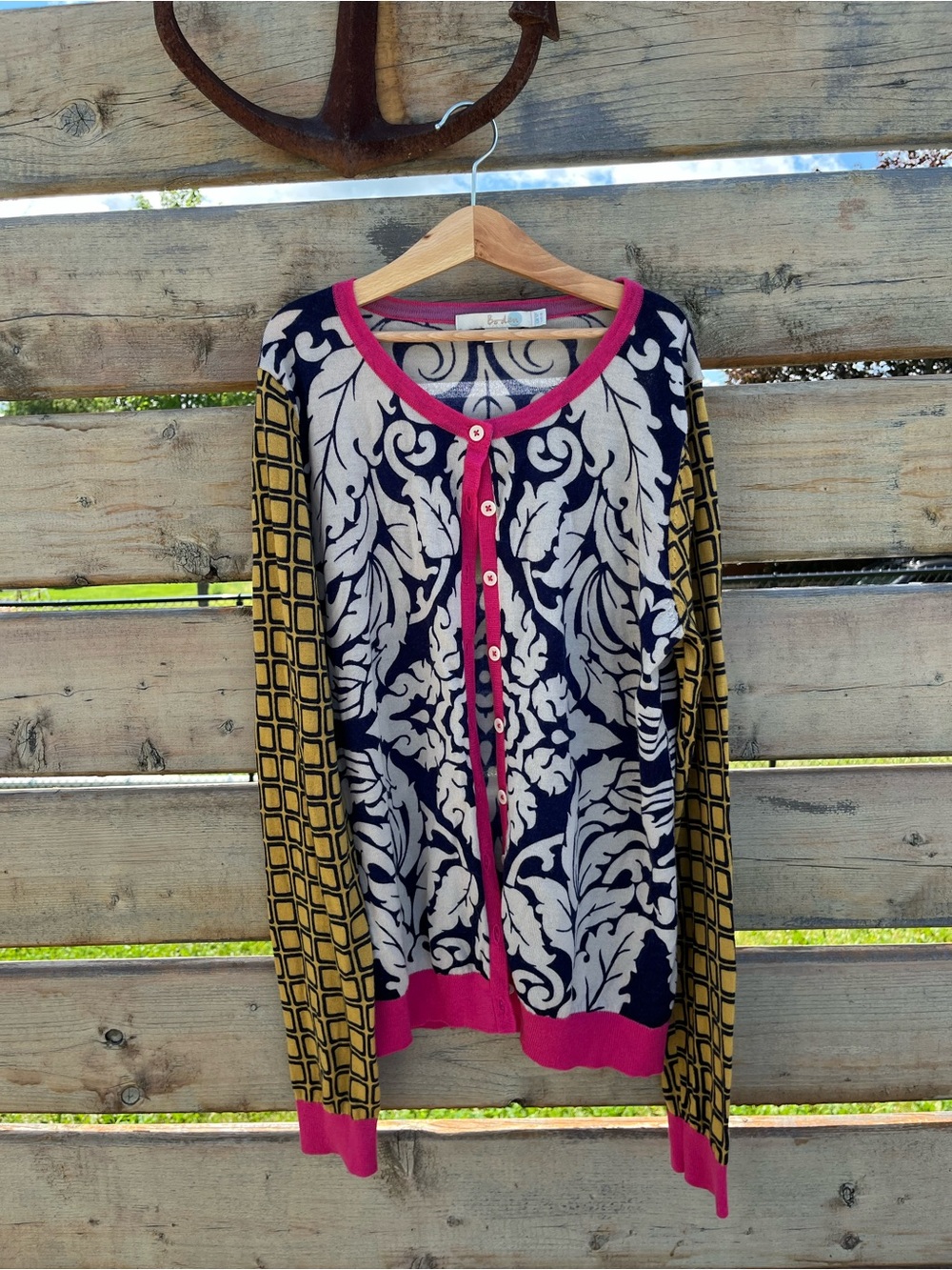 Boden 100% Wool Navy Cream Damask Cardigan with Pink Trim and Mustard Sleeves - Picture 3 of 4
